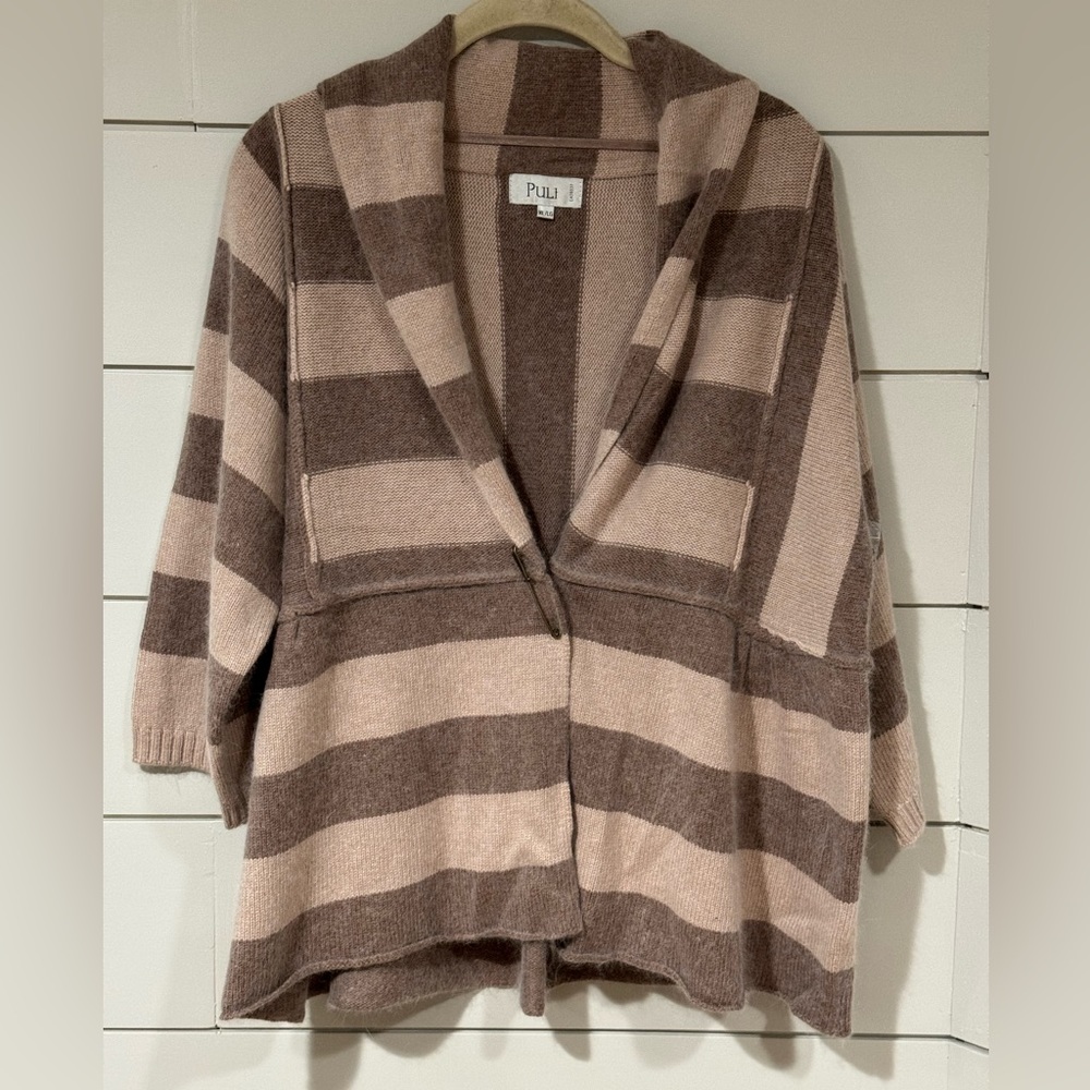 NEW Puli Brown and Tan Striped Safety Pin 3/4 Sleeve Cardigan Size XL